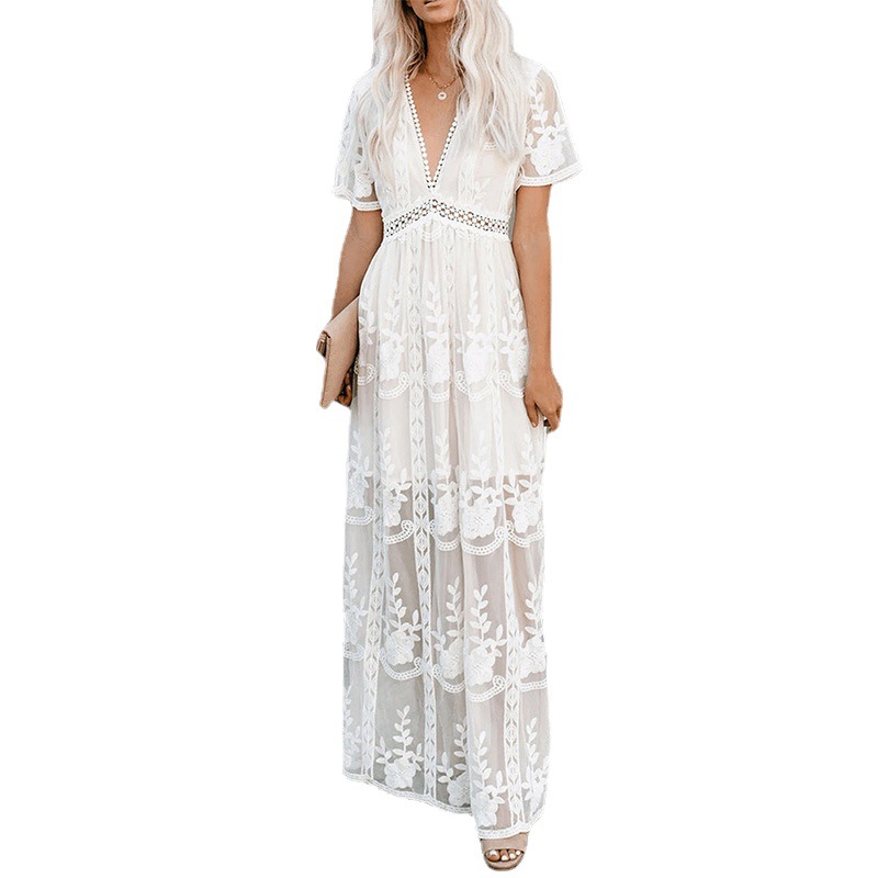 Robe longue en dentelle 2025, élégante, à taille décorée, manches courtes, col en V, couleur unie, nouvelle collection été, jupe tendance pour femmes.