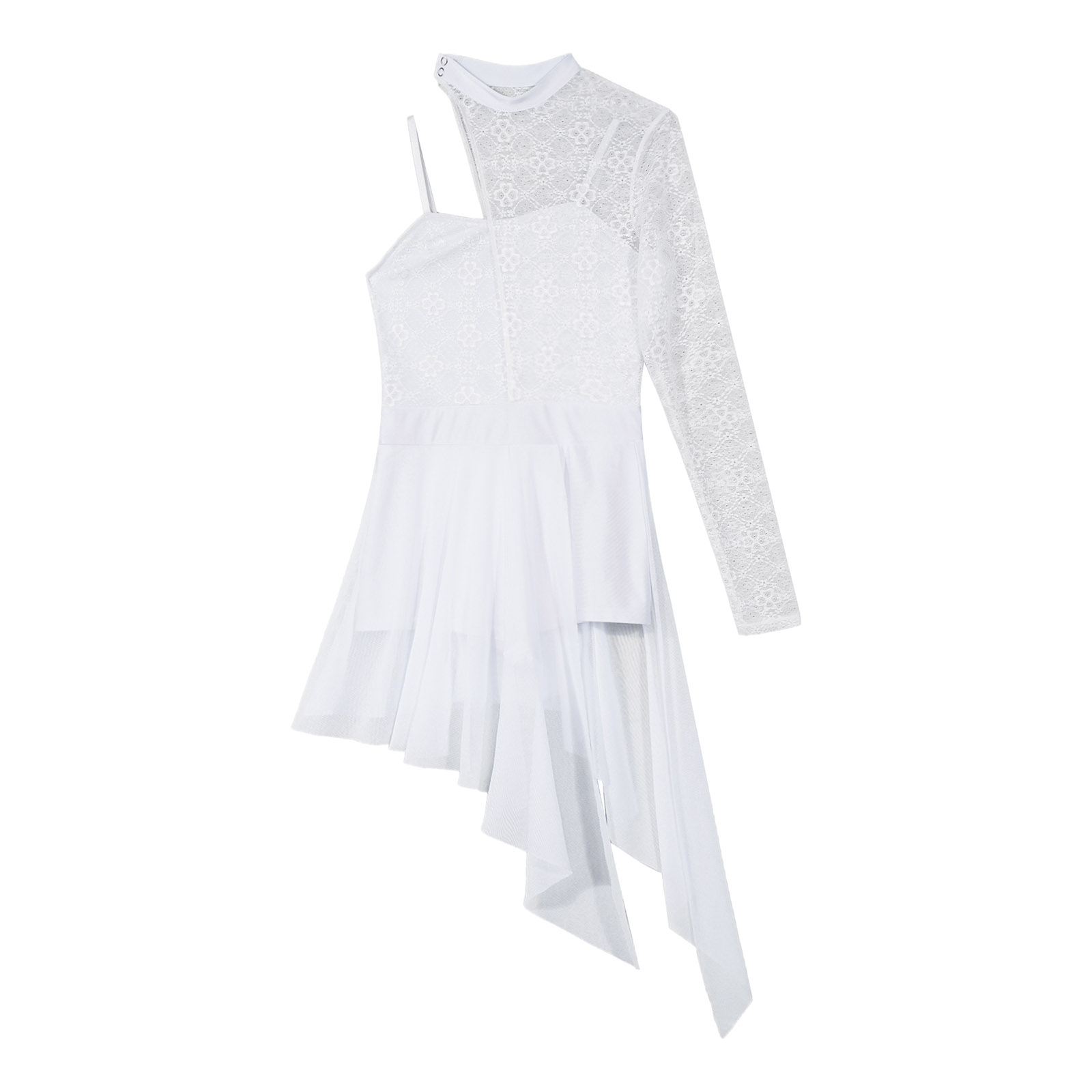 Robe de danse lyrique pour femmes, asymétrique épaule dénudée, manches longues, dentelle transparente, maille fendue, Tutu, justaucorps de patinage de Ballet, vêtements de danse de ballerine
