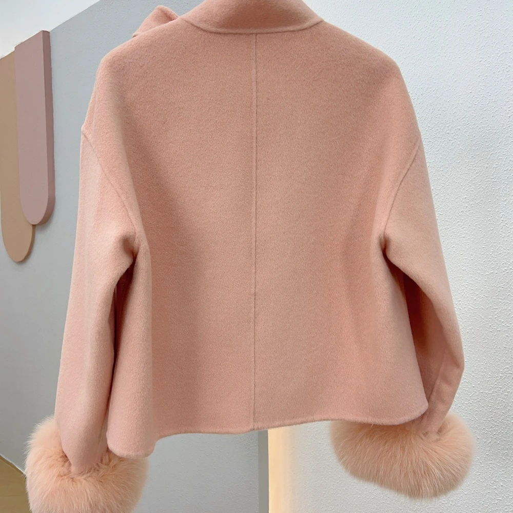 Manteau en Laine pour Femme 2026 Nouvelle Collection Hiver avec Poignets en Fourrure de Renard Naturelle, Veste de Luxe en Cachemire et Laine pour Femme