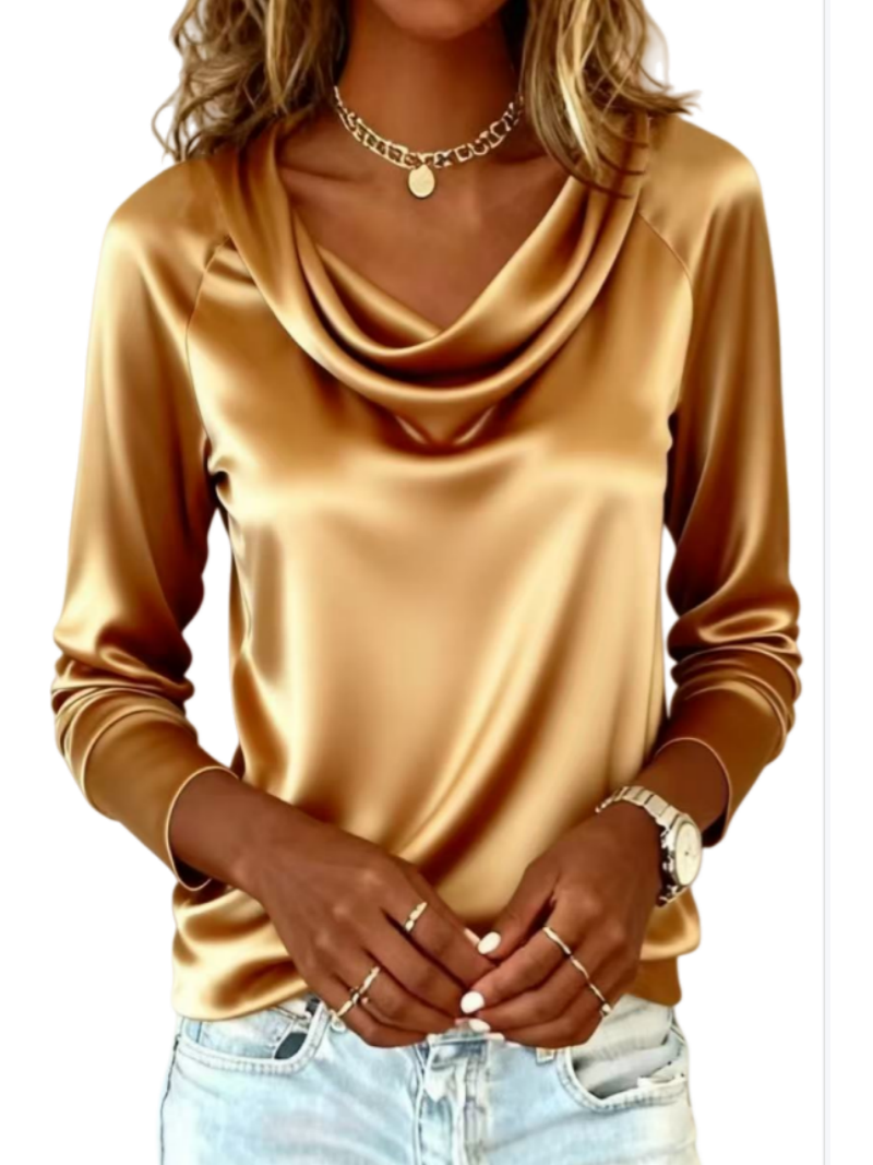 Chemise à manches longues en satin pour femme - Col bénitier - Couleur unie - Soie - Style haut - Pour un look décontracté et de bureau