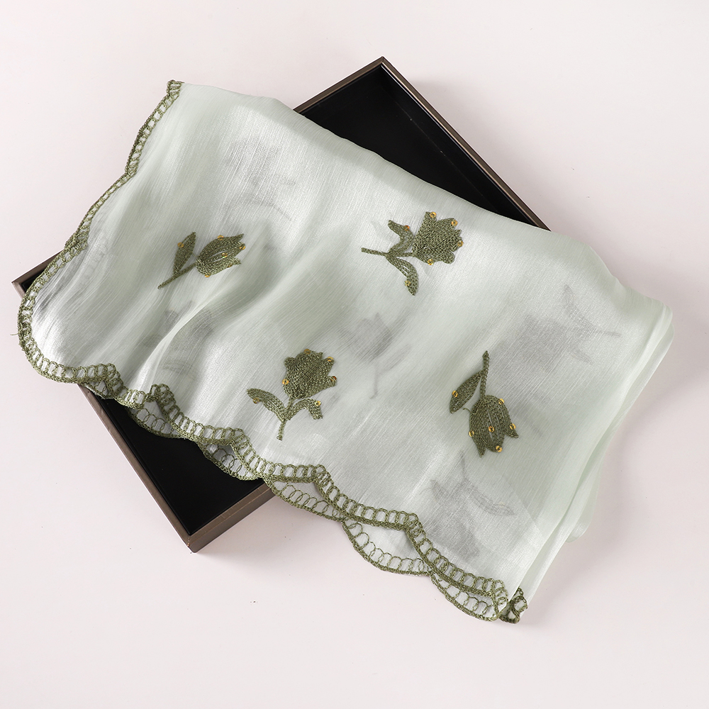 Hijab islamique brodé floral 90*90cm pour femmes, foulard léger en tissu froissé uni, hijab scintillant