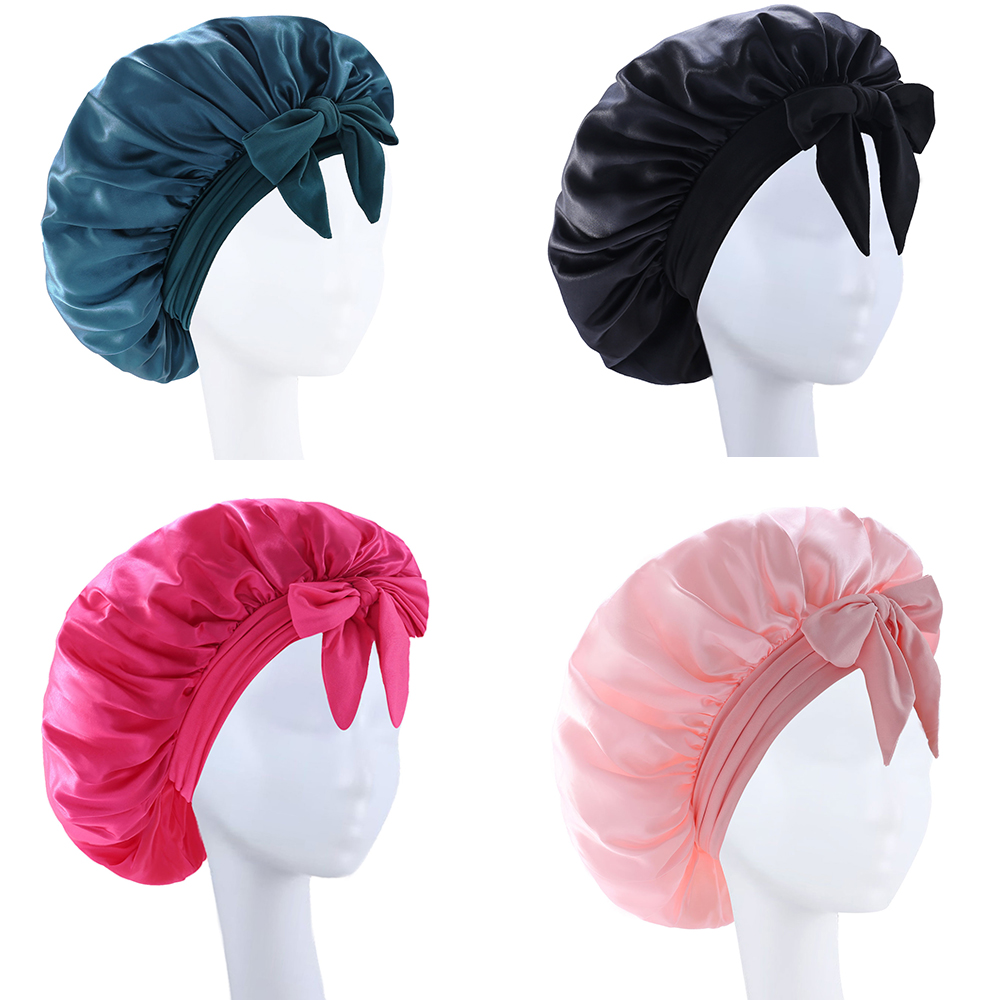 Chapeau en soie avec nœud pour femmes, grand Bonnet de soins pour cheveux longs et bouclés, Double couche, bande élastique douce, bonnet de sommeil antidérapant