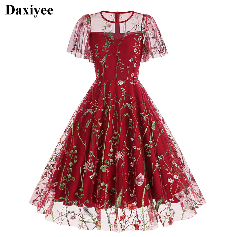 Soirée élégante robe rétro de luxe 2025 femmes été col rond maille florale brodée années 60 70 Vintage robes mi-longues robes