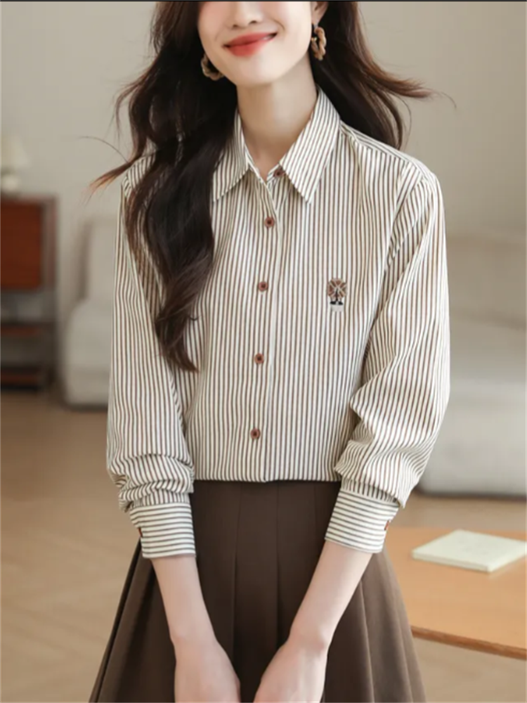 Chemises amples à rayures pour femmes, chemisier brodé, vêtements de printemps et d'automne pour femmes, haut à boutons, mode élégante pour jeunes femmes