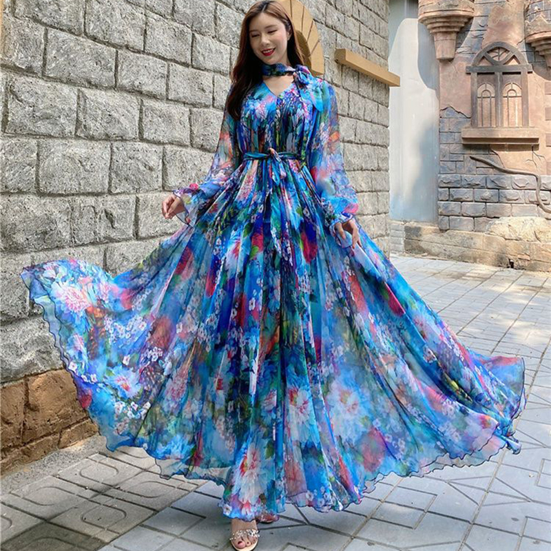 Robe de soirée élégante en mousseline de soie coupe ajustée pour femme, style coréen, imprimée, à manches longues, grande taille, collection été 2026