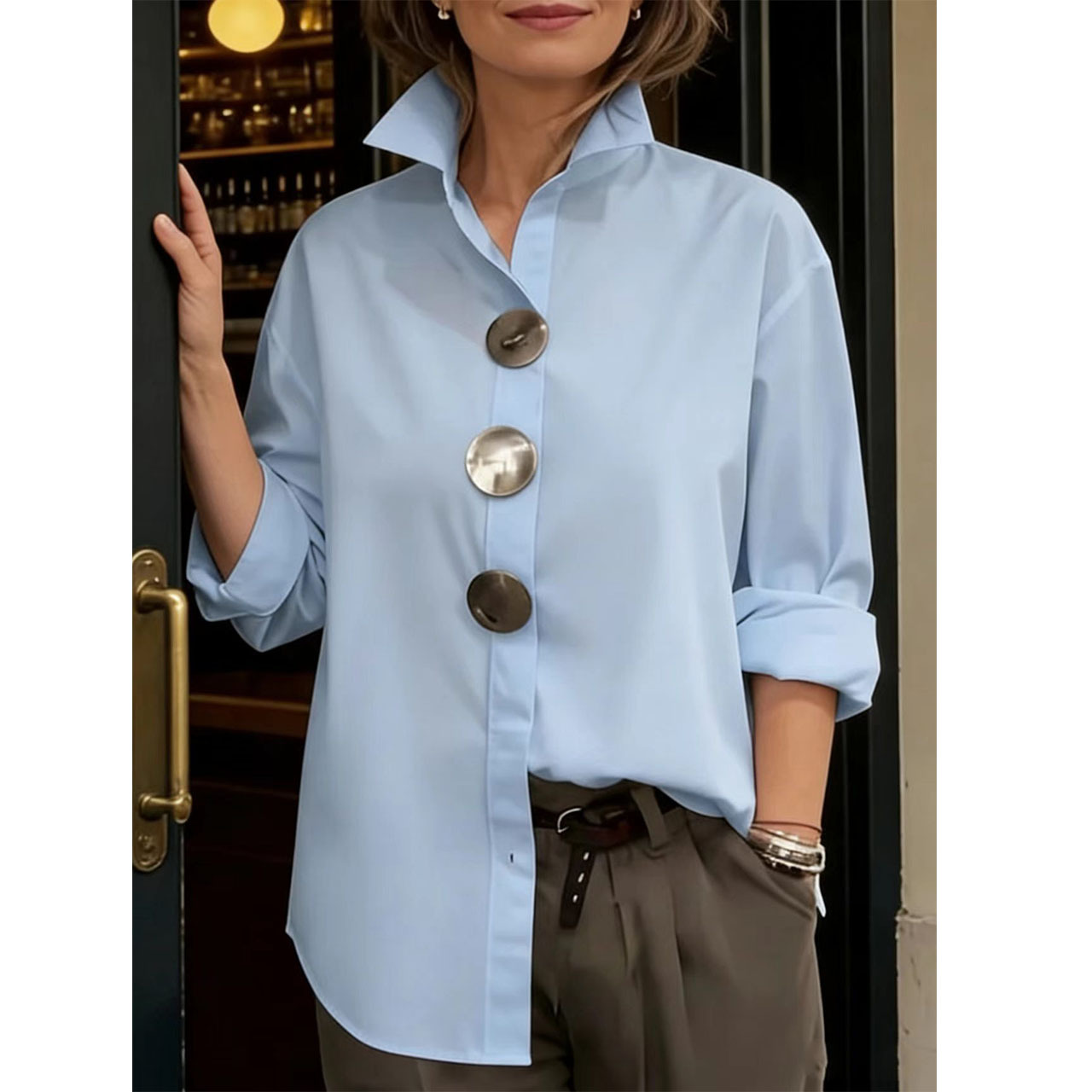 Chemisier Chic Femme à Trois Boutons Manches Longues Élégant Oversize Vintage Printemps Basique Col Haut pour Vacances