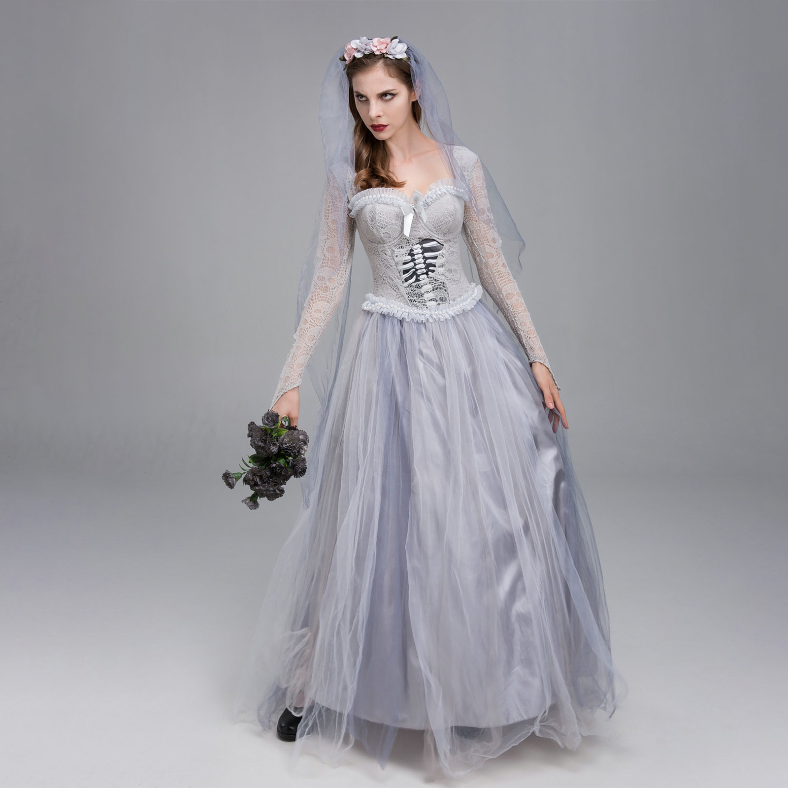 Costume de mariée morte d'halloween pour femmes, robe Corset de mariée fantôme cadavre et voile, ensemble bandeau Floral pour tenues de Cosplay