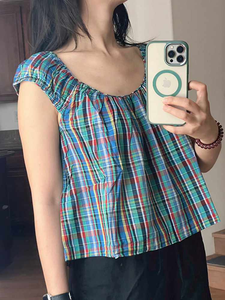 Robe ou haut sans manches à col rond pour femme, style rétro à carreaux Prairie Chic, coupe ample