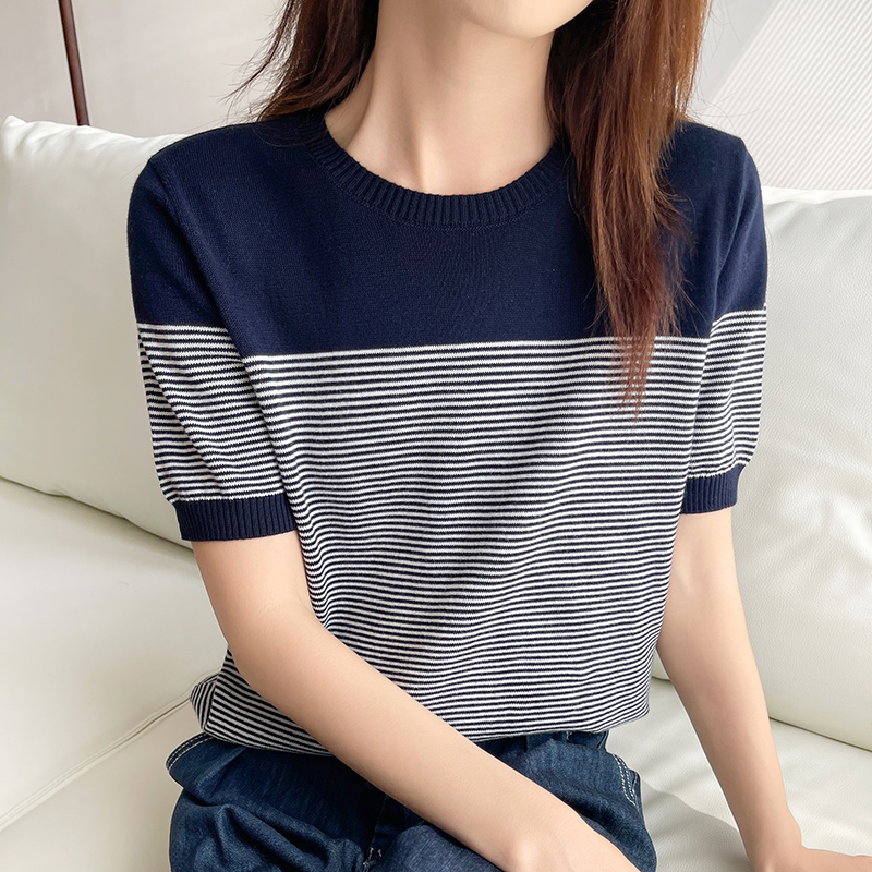 T-shirt rayé à manches courtes pour femmes, t-shirts pull, chemisier à col rond, été, 100% coton