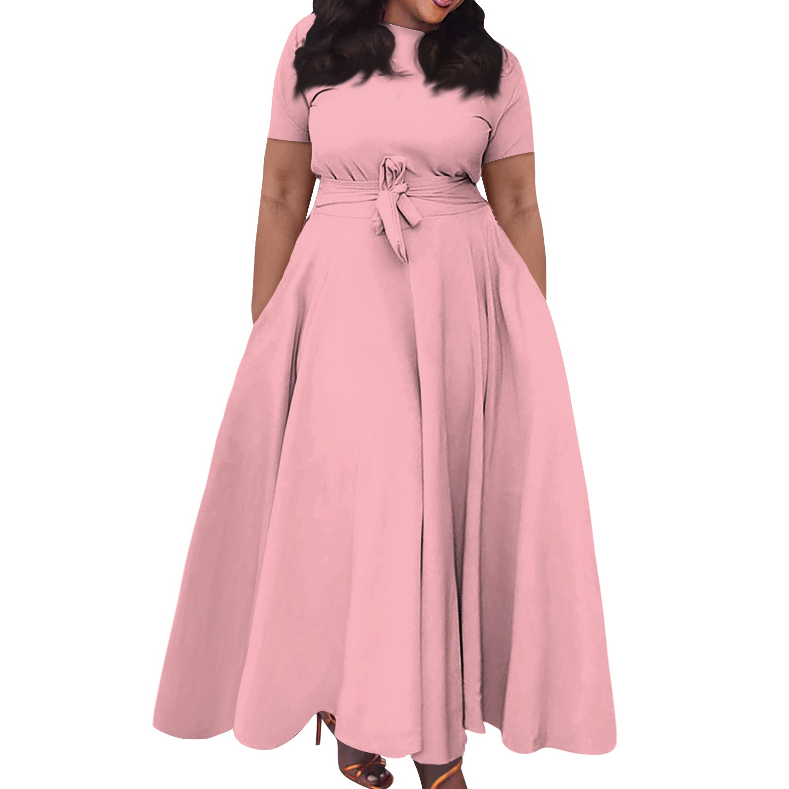 Robe longue décontractée pour femmes, grande taille, sexy, couleur unie, col rond, manches courtes, poche, bretelles, balançoire, elbise