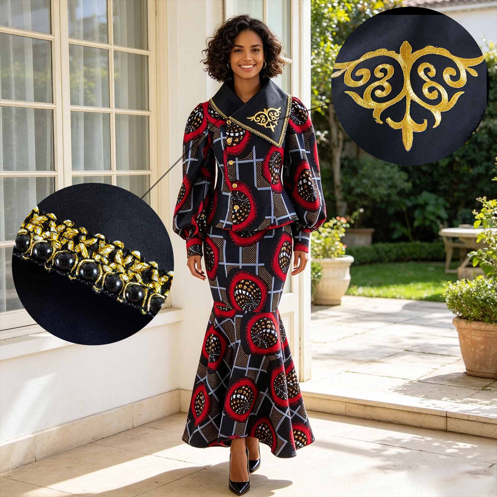 Vêtements africains pour femmes, chemises à manches longues à simple boutonnage brodées et jupes mi-longues, ensembles imprimés, tenues Ankara, 2626041