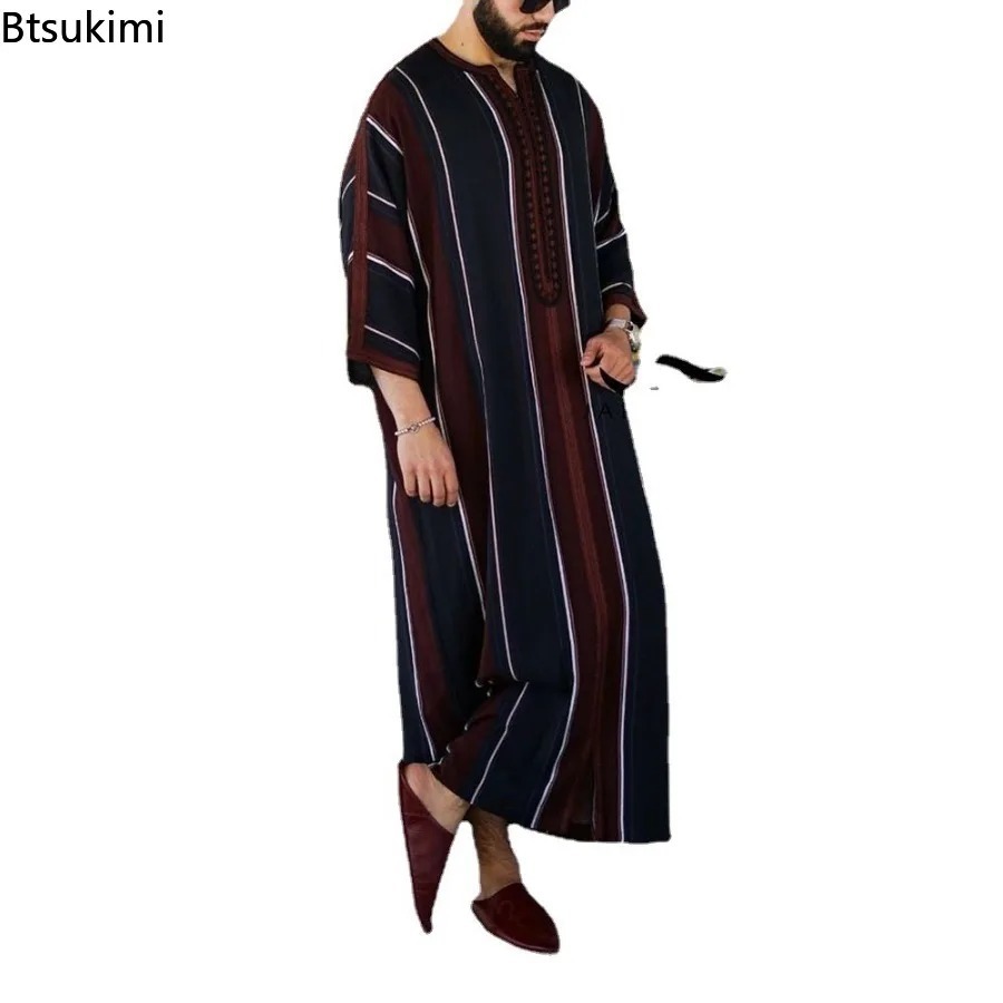 Abayas musulmans pour hommes, Vintage, longues Robes décontractées, vêtements islamiques arabes, chemise ample rayée, Jubba Thobe, robe saoudienne du moyen-orient, 2026