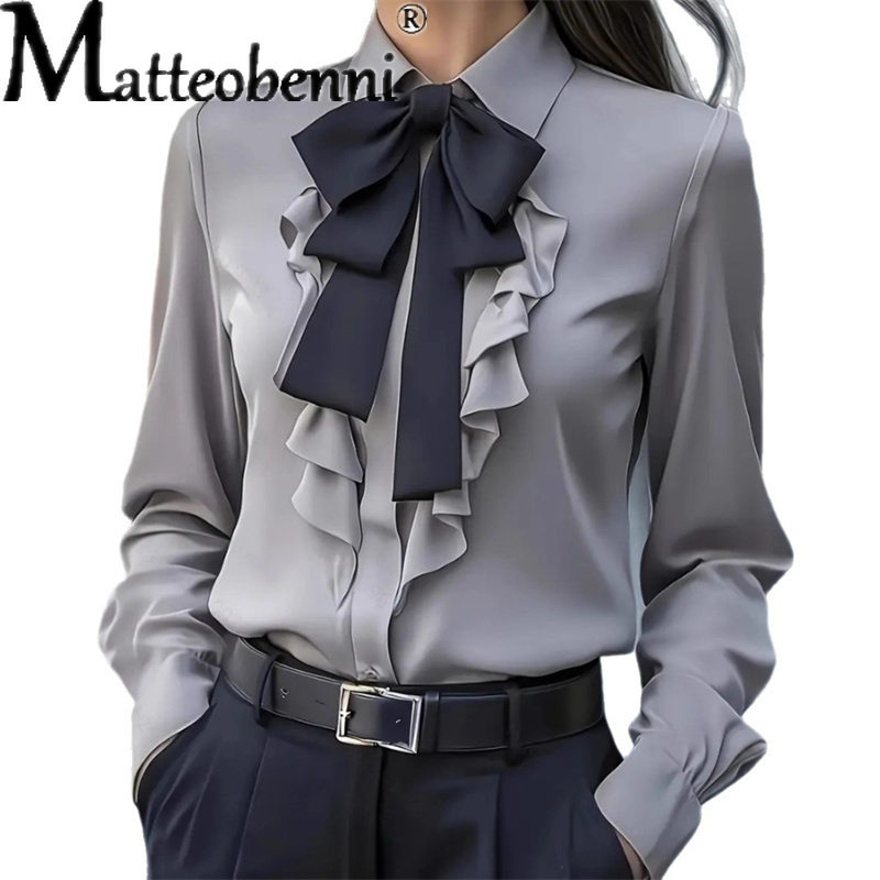 2025 femmes Blouse automne couleur unie à lacets nœud à volants conception chemises décontracté ample à manches longues chemise bureau dames Blusas Mujer