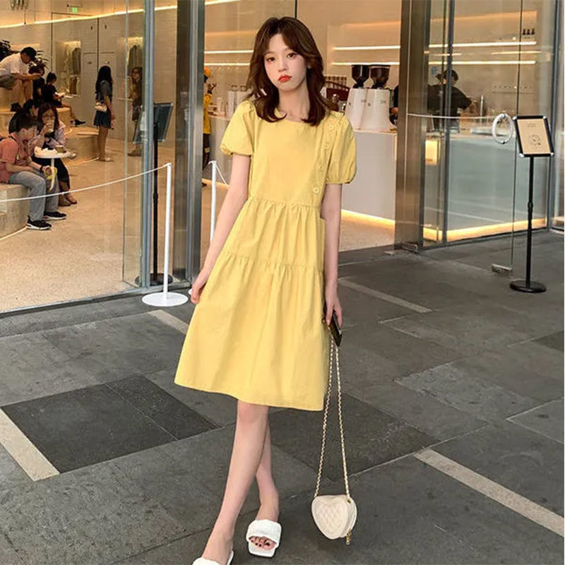 Robe de bal en lin jaune pour femmes, tunique ample et élégante, décontractée, style Vintage, grande taille, mode coréenne, mi-longue, été, 2021