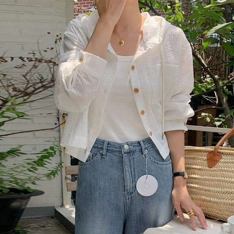 Chemise amincissante d'été pour femmes, pare-soleil ample à rayures courtes, Cardigan ouvert climatisé à capuche, nouveau modèle de Protection thermique
