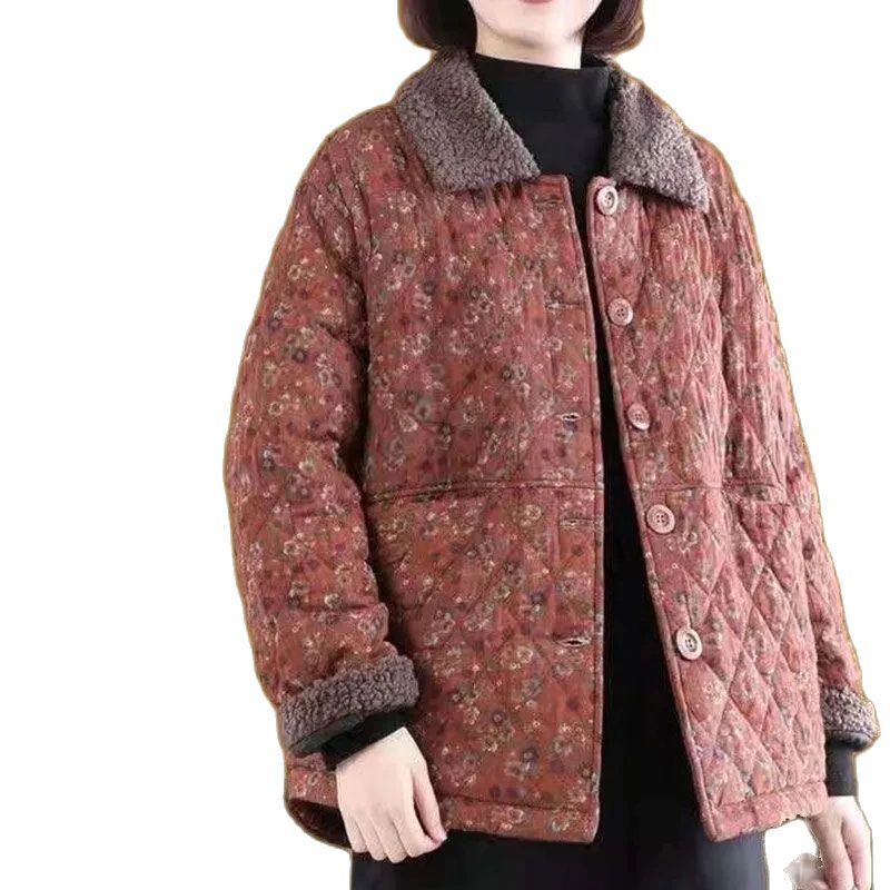 Manteau rembourré en coton pour femme, pardessus en laine, veste florale, boucle à une rangée, rétro, court, loisirs, femme, automne, hiver, nouveau