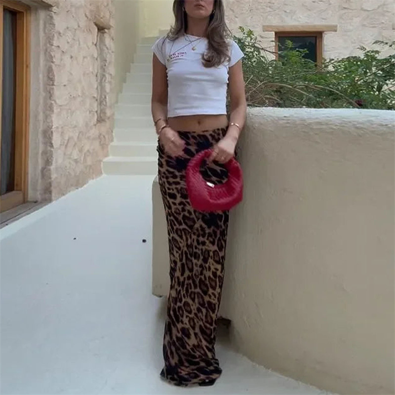 Lamuusaa-Jupe imprimée léopard pour femme, coupe couvertes, taille basse, batterie con, jupes longues, vêtements de fête, streetwear, y2k