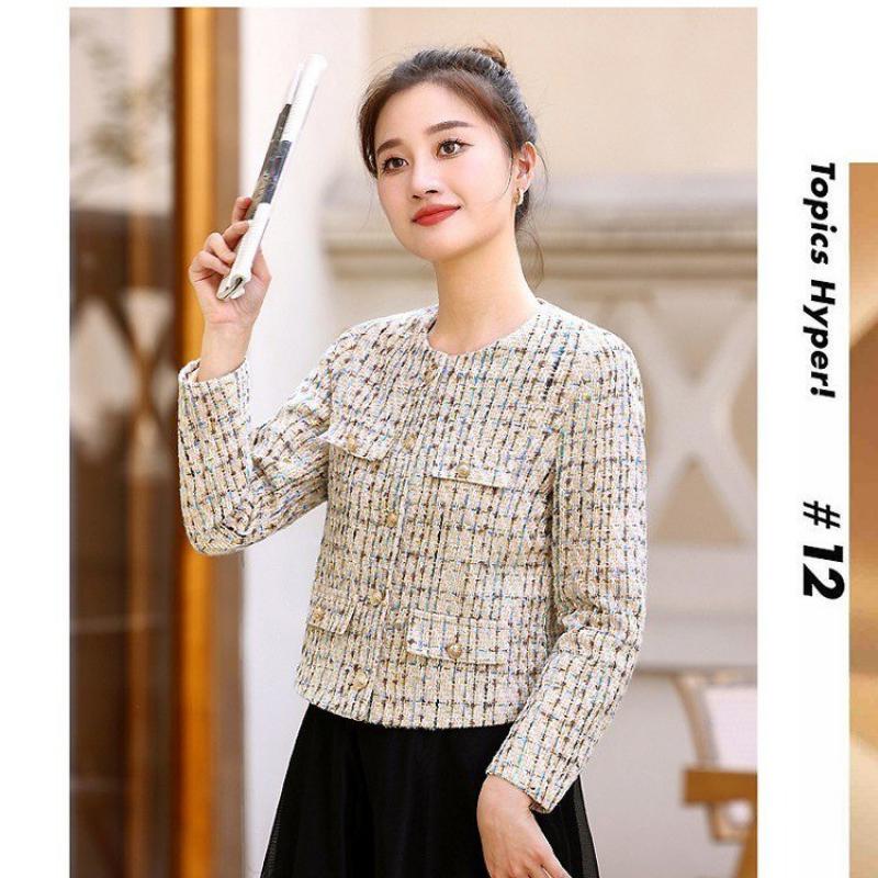 Veste coréenne en Tweed pour femmes, manteau Simple à manches longues, élégant, Slim, Chic, col rond, point ouvert, vêtements d'extérieur, nouvelle collection