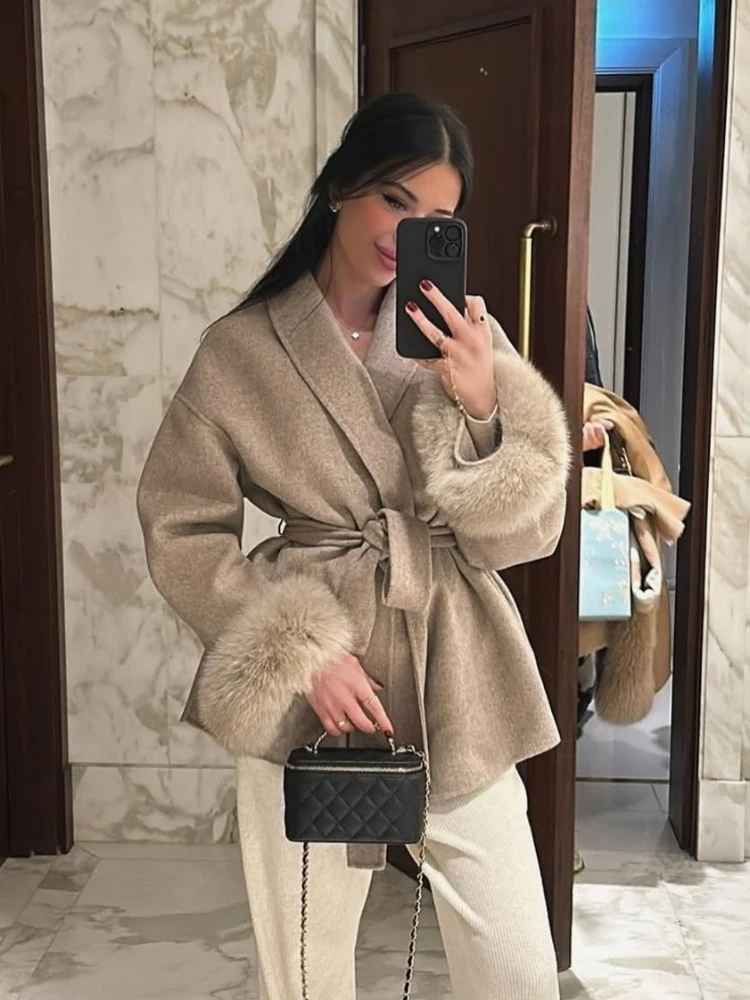Manteau en laine à col roulé pour femme, élégant, col montant, bouton à une rangée de boutons, manteau ample avec nœud, manteaux de rue pour les déplacements quotidiens