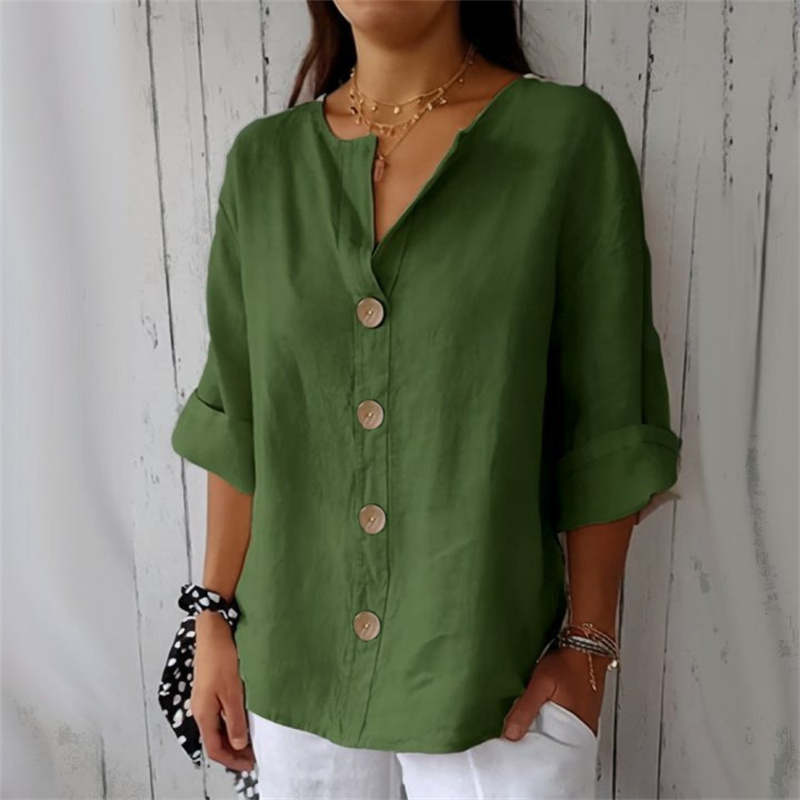 Chemise ample d'été pour femmes, col en v, coton et lin, boutons, chemises décontractées, couleur unie, mode élégante, vêtements de bureau pour femmes, chemisier 2025