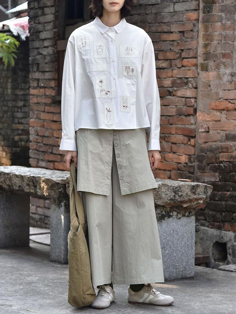 [EAM] Nouvelle Blouse Décontractée Grande Taille pour Femme avec Broderie Blanche, Col Revers, Manches Longues, Tendance Mode Pr