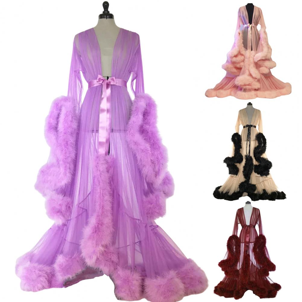 Robe Kimono d'été pour femme en tulle transparent, col en V, manches longues, longueur ras du sol, robe de nuit, peignoir de nuit pour lune de miel, robe de chambre
