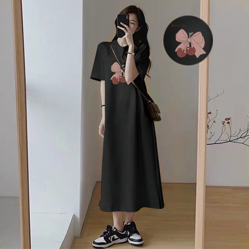 Robe longue décontractée pour femme style coréen, motif cerise et nœud mignon, coupe ample, manches courtes, col rond, pour l'été