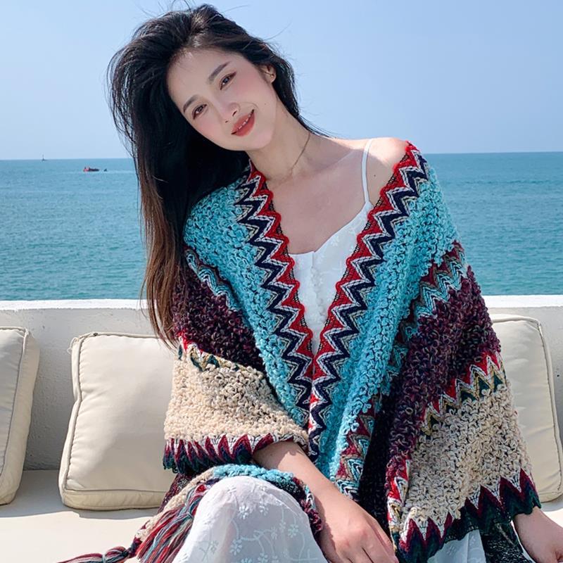 Cape de Style ethnique pour femme, pull surdimensionné, veste, mode, ample, Patchwork, longue écharpe chaude, Cardigan tricoté, nouvelle collection