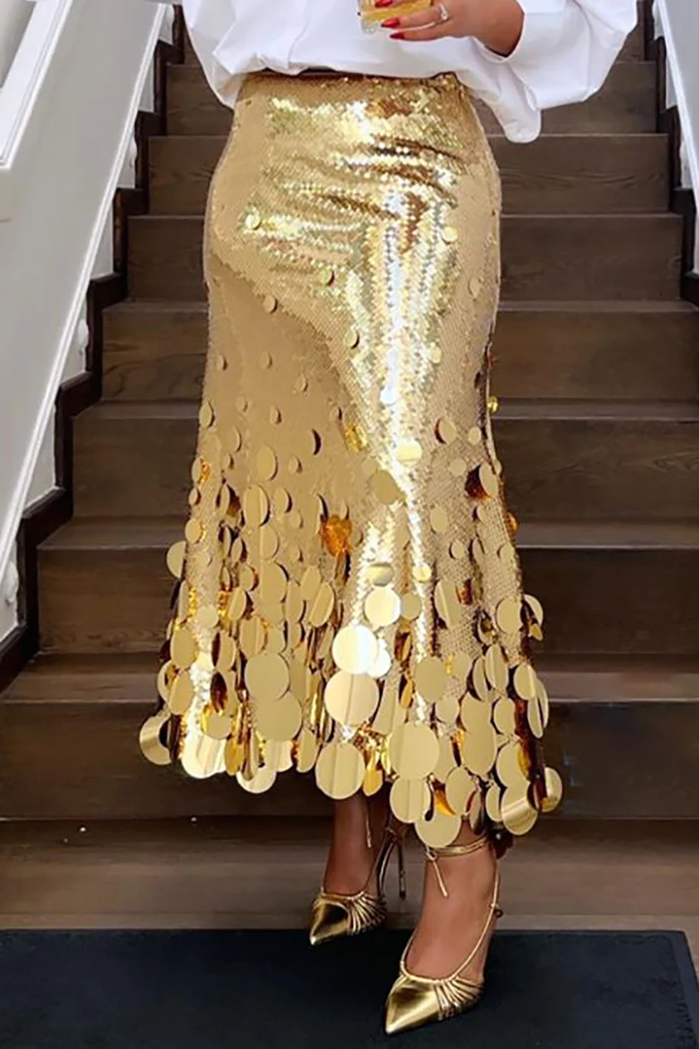 Jupes formelles grande taille pour femmes, élégantes, longues paillettes dorées, soirée, Club, taille haute, jupes de Cocktail décontractées