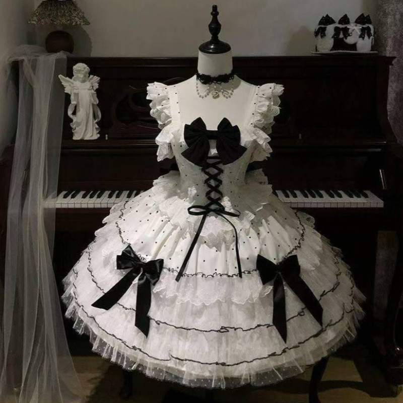 Robe Lolita à volants en dentelle 2026, tenue de cosplay japonaise, vêtement Y2K, robe de fête imprimée nœud, style mode Kawaii