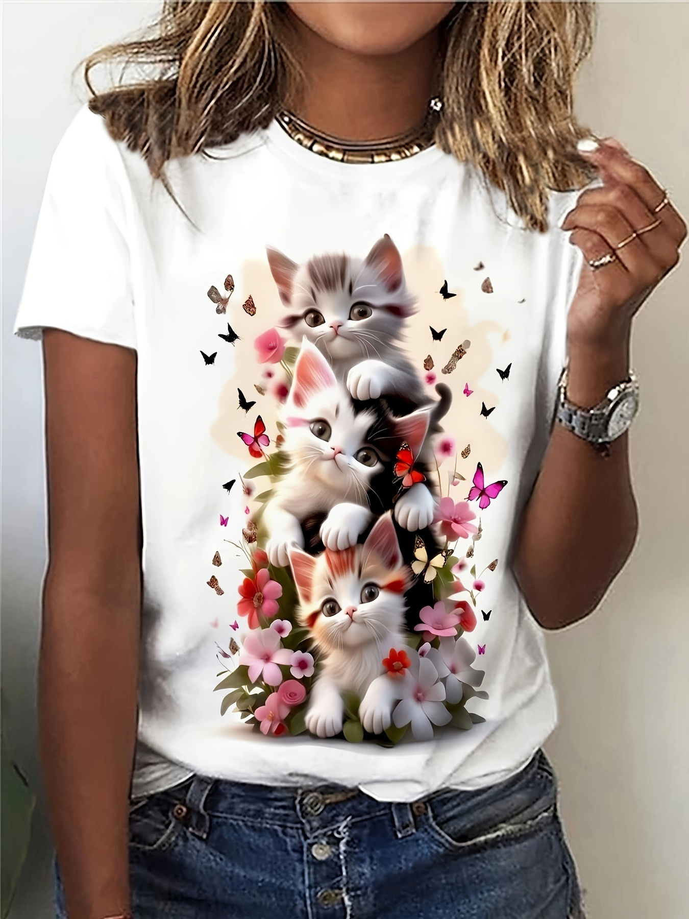 T-Shirt imprimé chat mignon pour femmes, doux, manches courtes, col rond, avec chaton vibrant, imprimé Floral, haut décontracté printemps/été