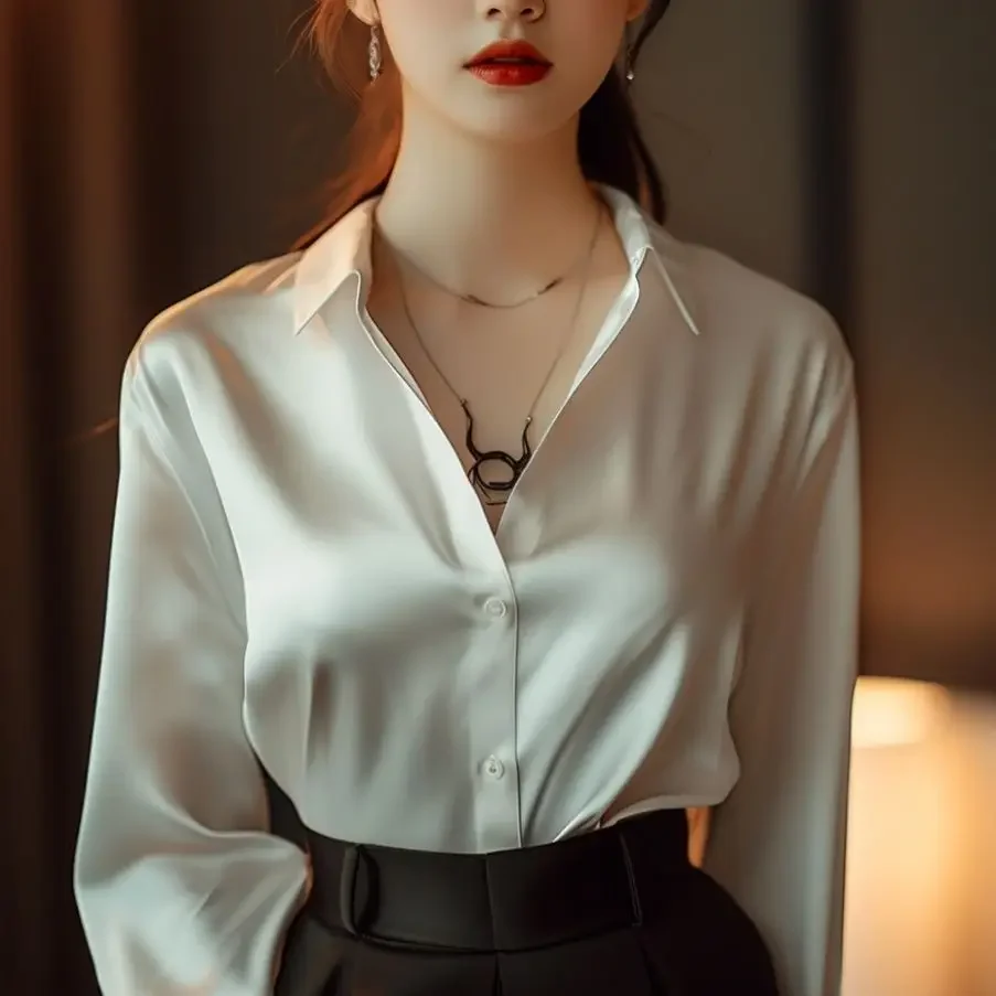 Été automne soyeux Satin chemise femmes 2024 Vintage Blouse à manches longues boutonné chemise bureau dame t-shirt dames chemise décontractée
