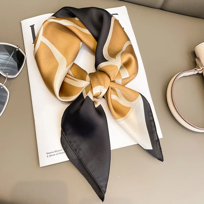 Foulard carré en soie de luxe pour femmes, imprimé Floral, bandeau en Satin doux, Hijab, bandeau féminin, sac, rubans