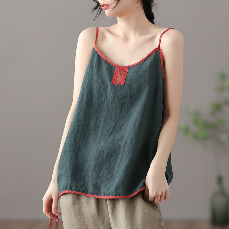 Débardeur en coton et lin pour femmes, camisole vintage chic Harajuku, sacoche brodée