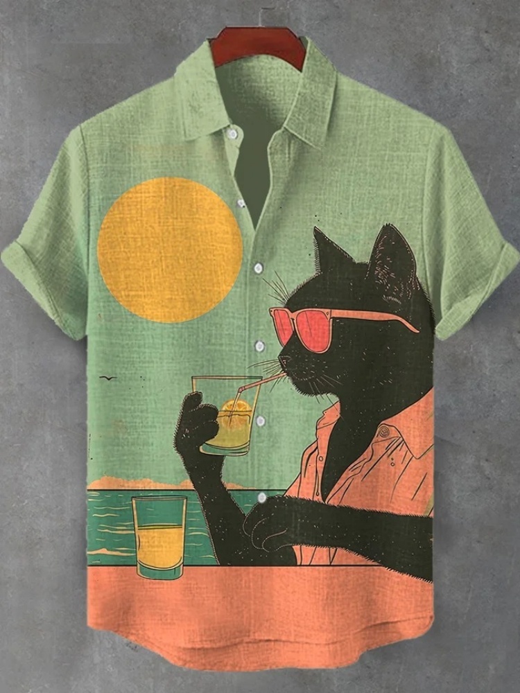 Hommes coucher de soleil Cool Kimono chat vacances Art imprimé chemise décontractée Orange imprimé Style japonais vêtements d'extérieur été à manches courtes hauts Chic