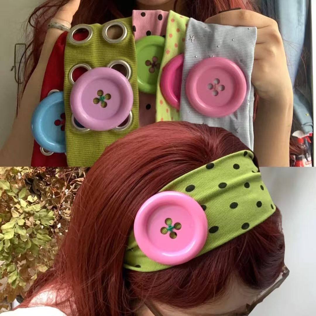 Bandeau vintage à boutons pour femme, style Harajuku, à pois roses et verts, accessoires capillaires esthétiques, mode coréenne
