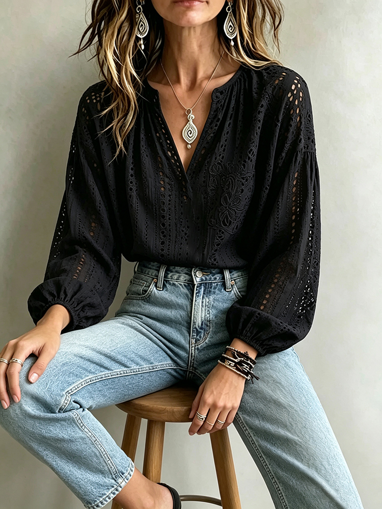 Chemise décontractée élégante et simple pour femme, chemise à manches longues en tissu brodé ajouré de couleur unie