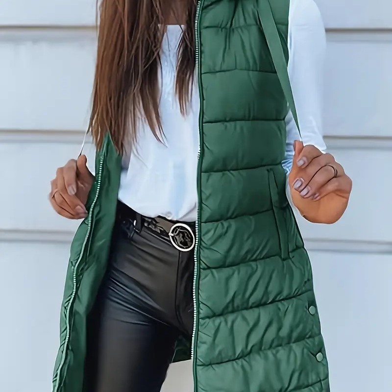Femmes gilets longs bouffantes épais manteaux fermeture éclair matelassé rembourré gilet à capuche mi-long coton manteau gilet hiver chaud manteau d'extérieur