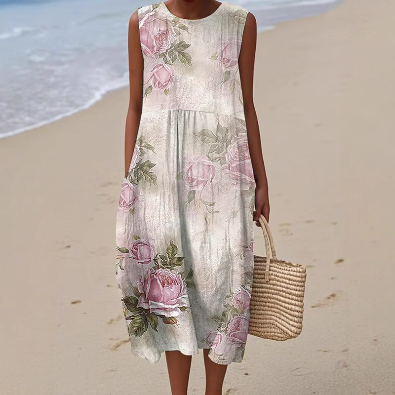Robe longue pour femmes, imprimé Floral, col rond, sans manches, épissure élégante, Y2k, Streetwear, décontractée, ample, travail, été