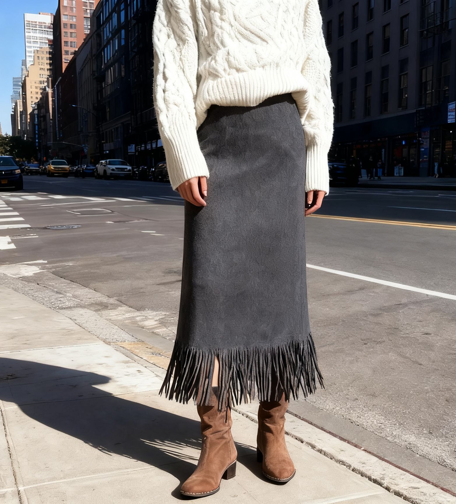 Jupe longue en daim à franges pour femmes, à la mode et élégante, en automne et en hiver, une jupe longue confortable et ajustée
