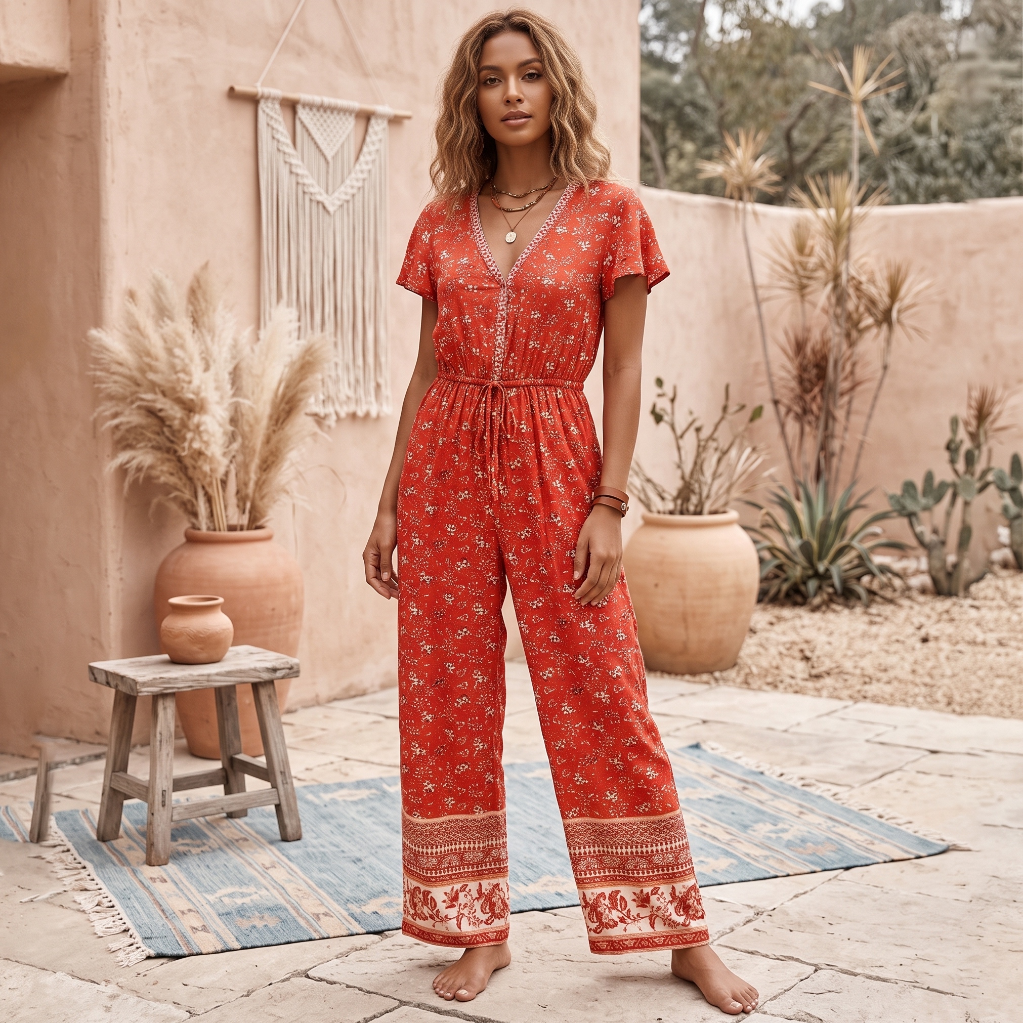 Happie Queens femmes imprimé fleuri à lacets Boho body avec Pokctes taille élastique à manches courtes bohème rayonne combishorts barboteuses