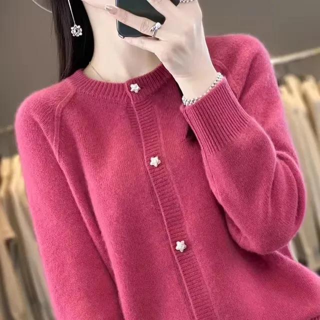 Nouveau femmes Cardigan pull automne/hiver col rond étoile bouton solide tricot chemise à bascule veste qualité tricots femmes hauts