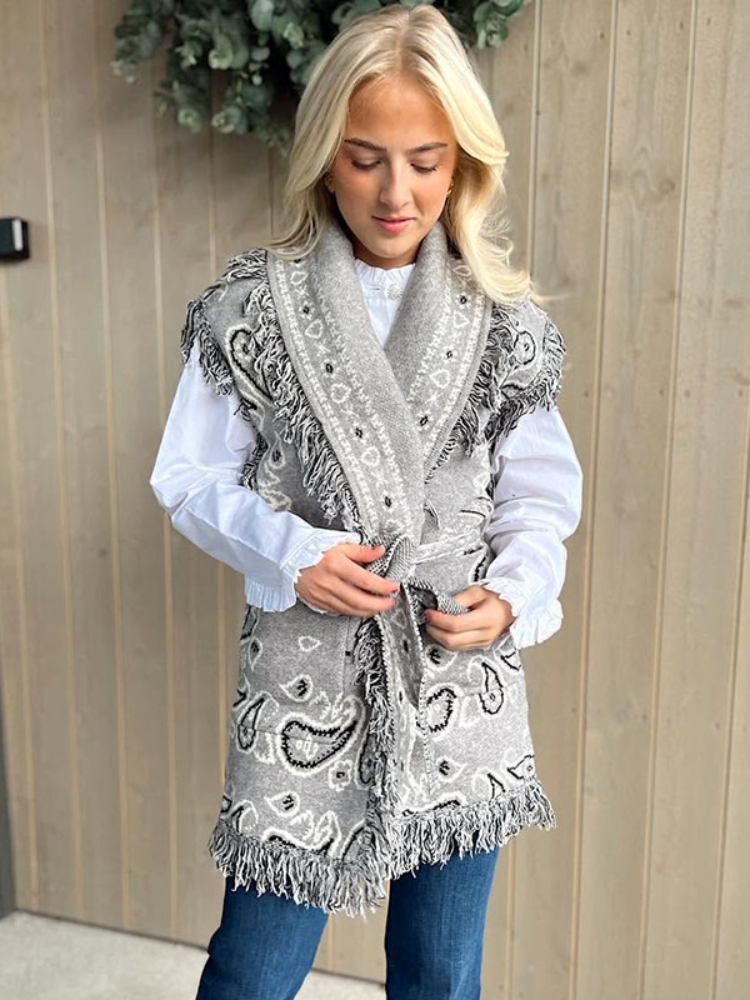 Mode frange imprimé tricoté gilet pour femmes décontracté sans manches cravate taille poches Cardigan manteau dame 2025 automne Chic vêtements d'extérieur