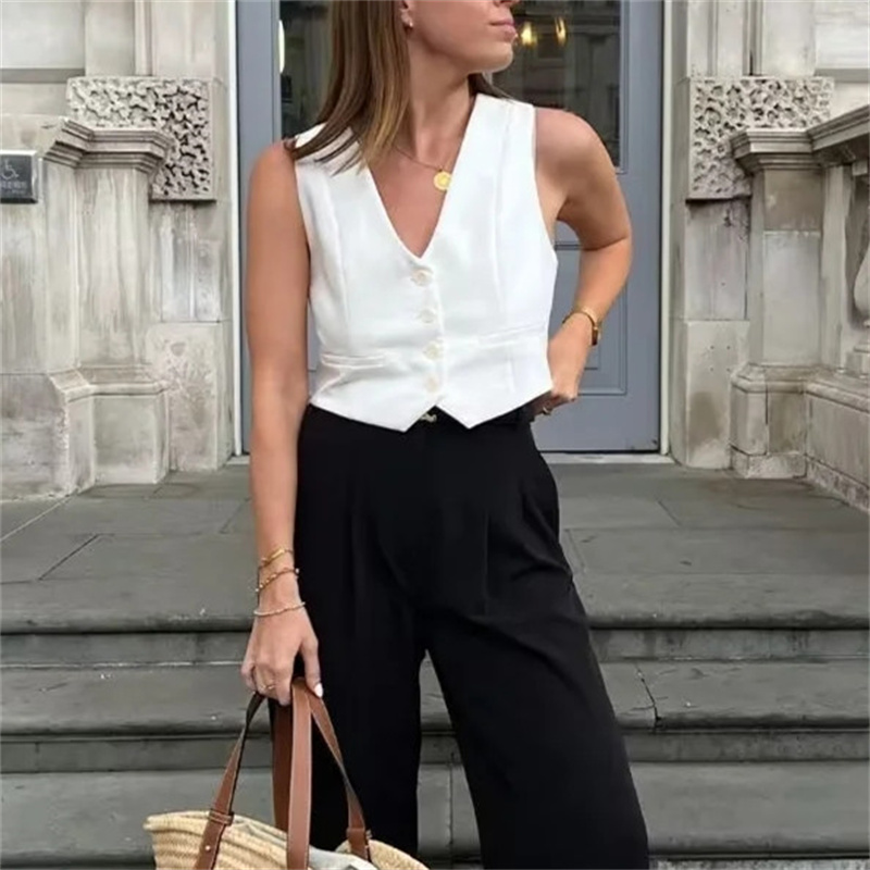 MUJER femmes gilet noir blanc recadrée gilet haut femmes col en V sans manches gilet femme mode travail été costume gilet manteaux courts