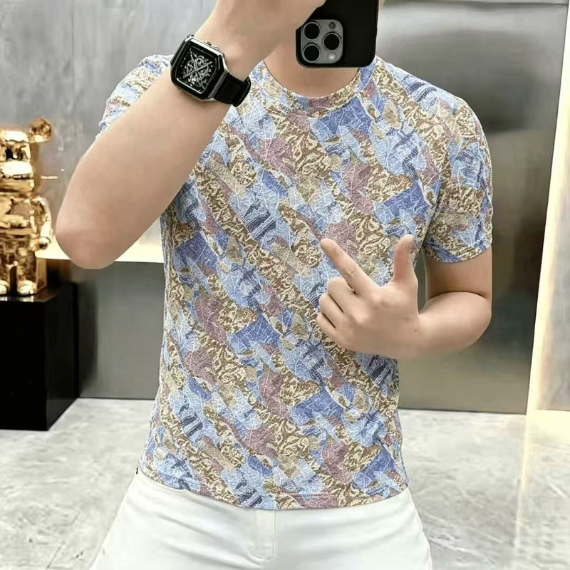 T-shirt d'été en soie glacée à manches courtes pour homme, imprimé, col rond, décontracté, pour la plage et les vacances, vêtements pour homme