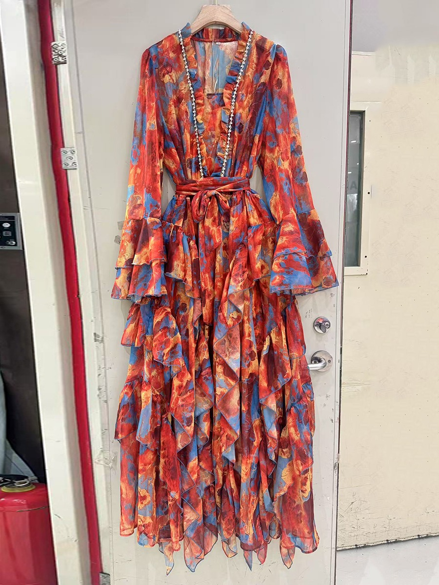 VGH – robe de soirée amincissante pour femmes, imprimé coloré, col en V, manches à volants, taille haute, Patchwork, robes à lacets, vêtements féminins