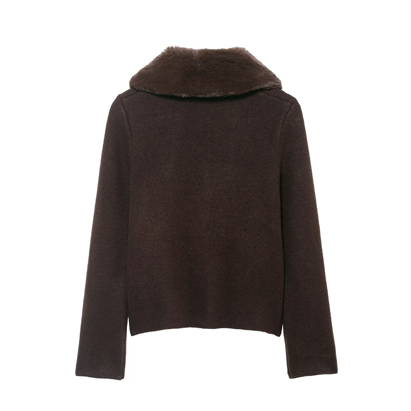 Veste femme 2025 automne nouveau Style marron foncé à manches longues col en fausse fourrure tricot Cardigan veste élégante et élégante