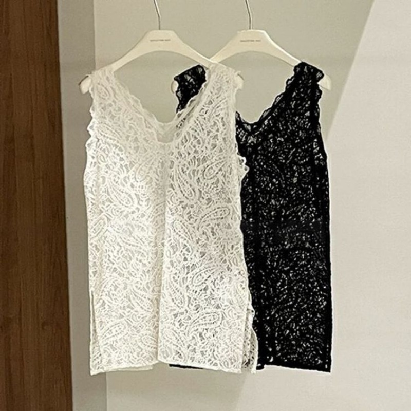 Gilet sans manches ajouré à col en v pour femmes, pull décontracté en dentelle ample, couleur unie, haut polyvalent et élégant pour femmes