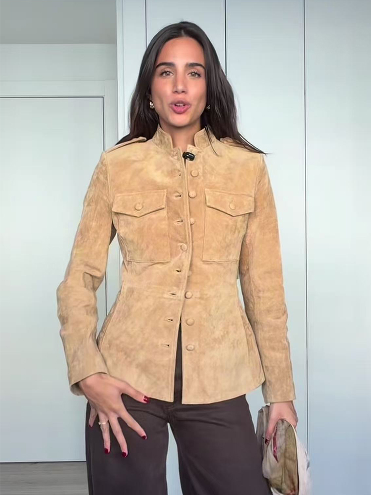 Veste Tendance Femme Printemps Automne 2026 Classique Vintage en Daim Col Montant Simple Boutonnage Décontractée Polyvalente Courte Style Urbain