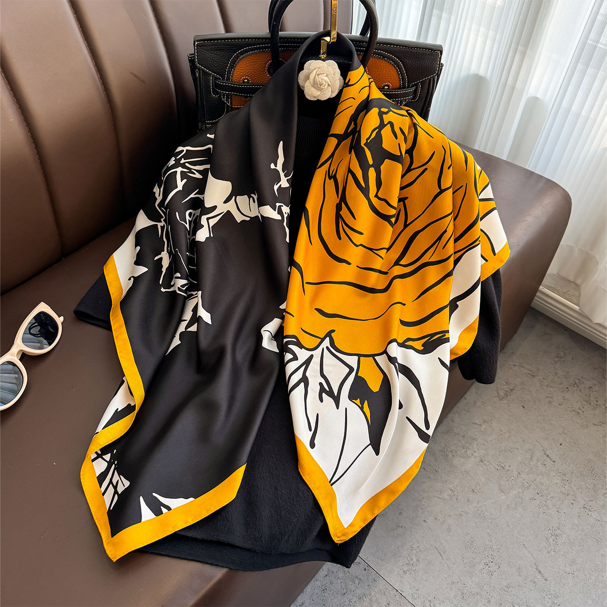 Foulard hijab imprimé roses 90x90cm pour femme, en satin de soie, bandeau, foulard pour cheveux, châle carré, bandana pour femme